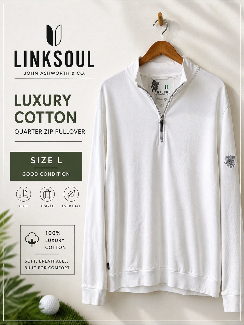 Linksoul White Luxury Cotton Quarter Zip Pullover Size Large